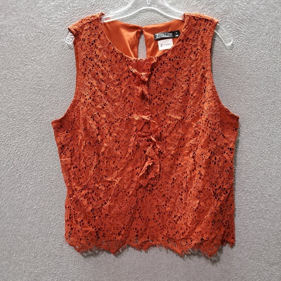 New York & Company Tops - 7th Avenue Women Top XL Orange Shirt Floral Crochet Lace Round Neck Keyhole